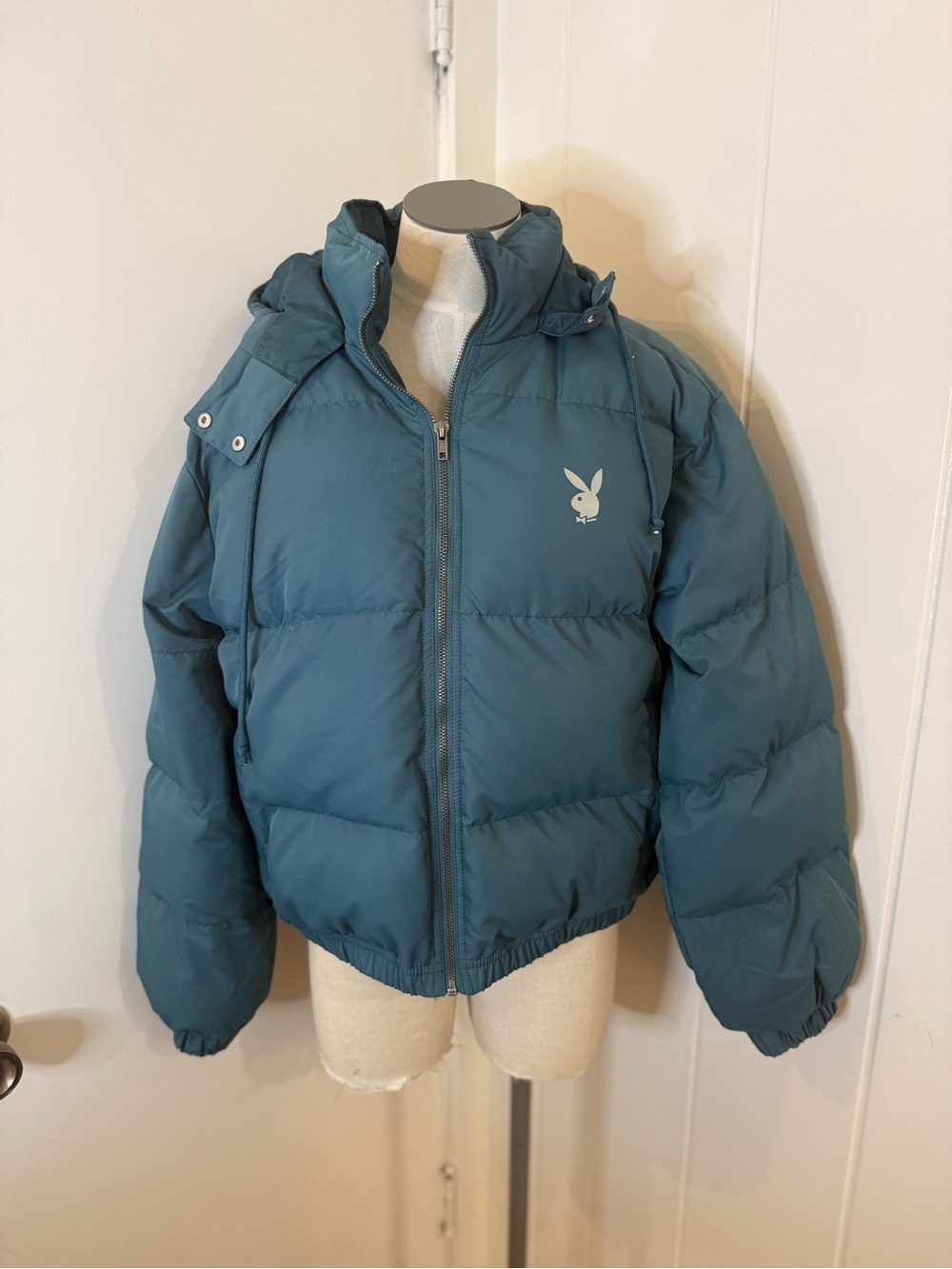 PLAYBOY Pacsun Teal Blue Women’s Puffer Jacket with Bunny Logo Sz XS/S